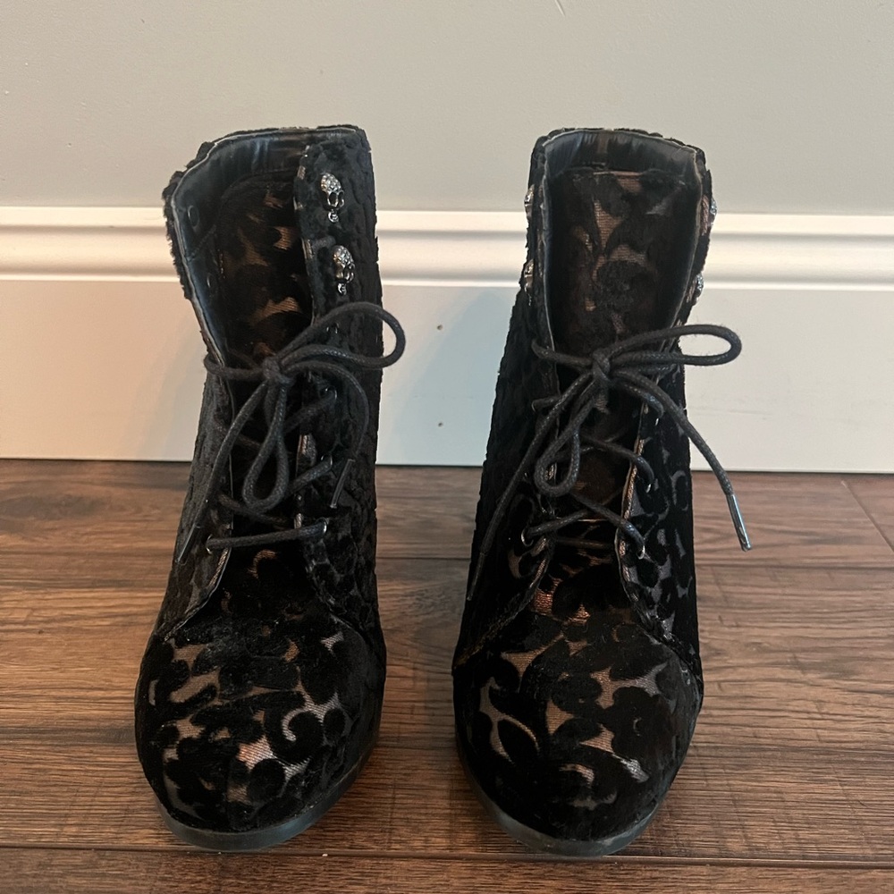 Call It Spring Black Velvet Floral Lace-Up Booties